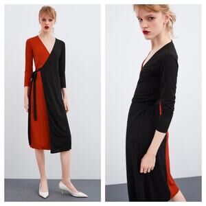 Zara Red Black Colorblock Stretch Jersey Wrap Midi Dress Size Small Minimalist